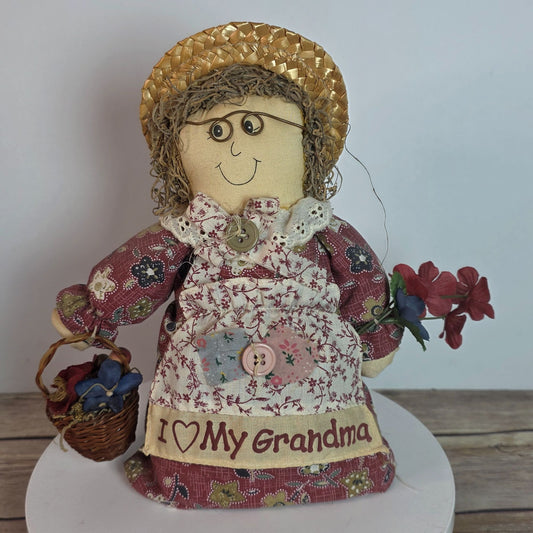 Handcrafted Grandma Rag Doll With Straw Hat & Fabric Dress Holding Basket Of Flowers