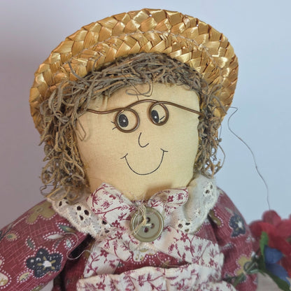 Handcrafted Grandma Rag Doll With Straw Hat & Fabric Dress Holding Basket Of Flowers