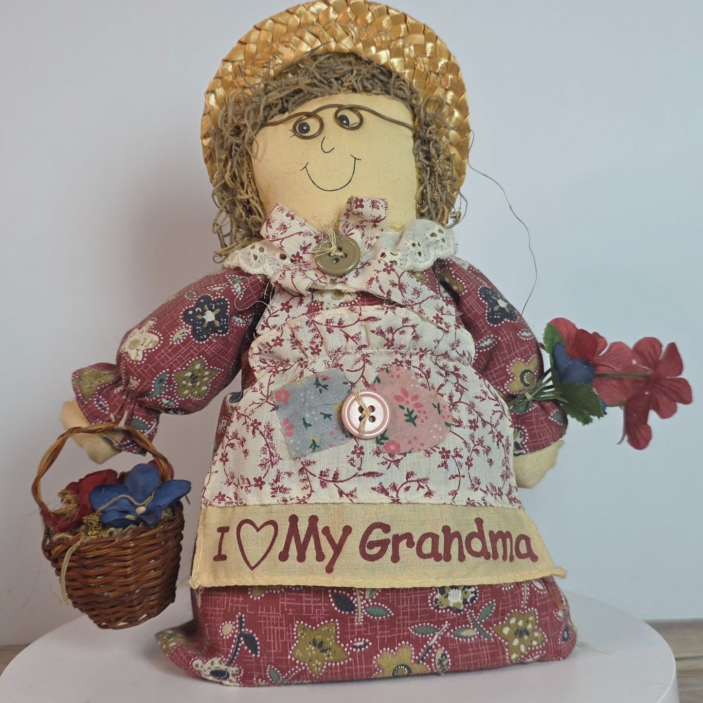 Handcrafted Grandma Rag Doll With Straw Hat & Fabric Dress Holding Basket Of Flowers