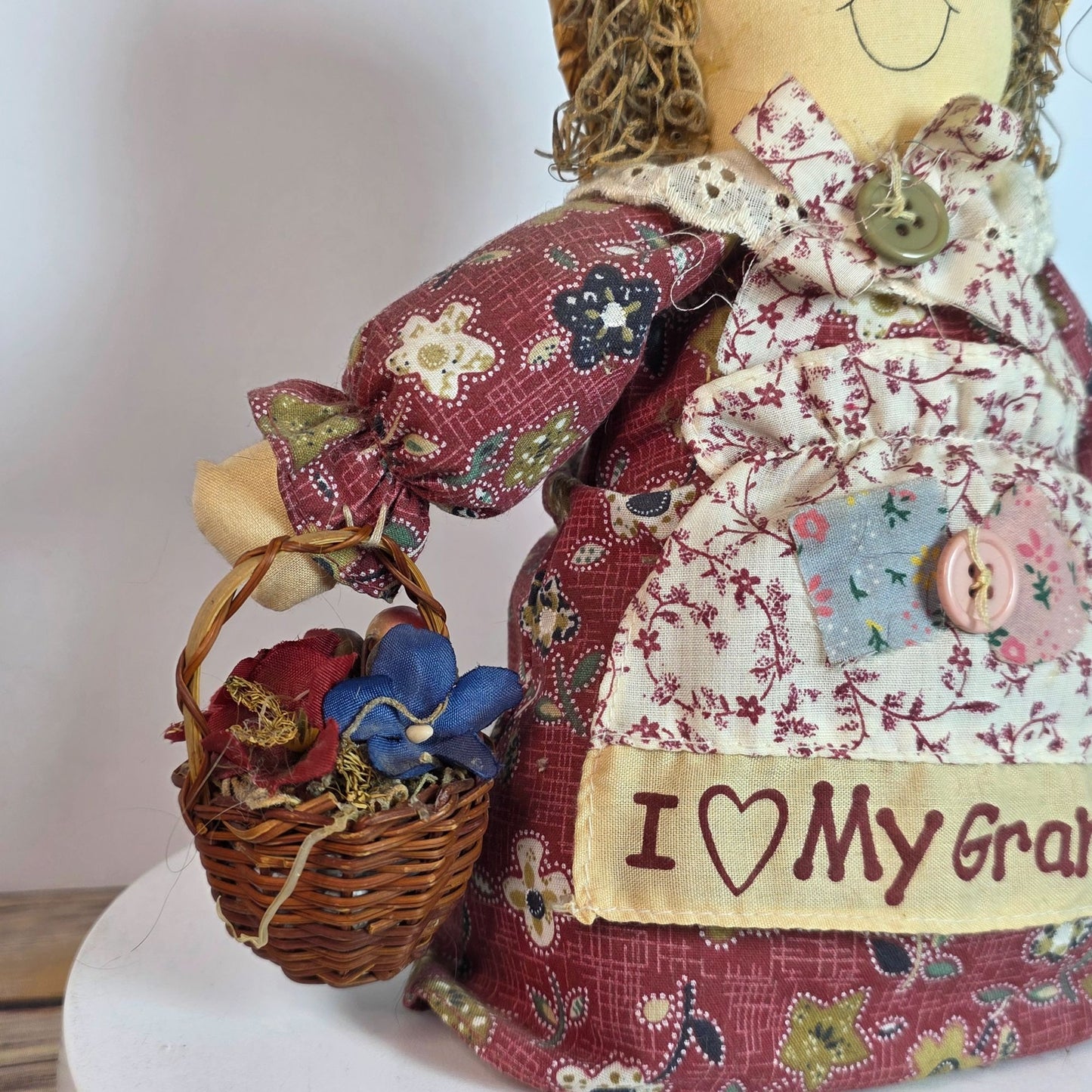 Handcrafted Grandma Rag Doll With Straw Hat & Fabric Dress Holding Basket Of Flowers