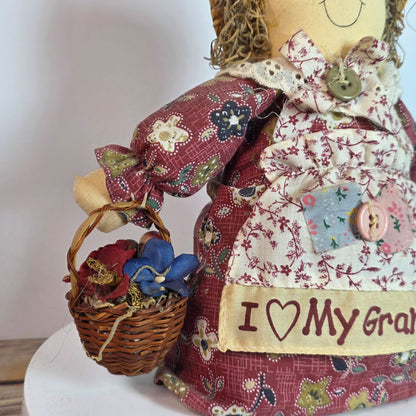 Handcrafted Grandma Rag Doll With Straw Hat & Fabric Dress Holding Basket Of Flowers