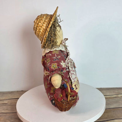 Handcrafted Grandma Rag Doll With Straw Hat & Fabric Dress Holding Basket Of Flowers