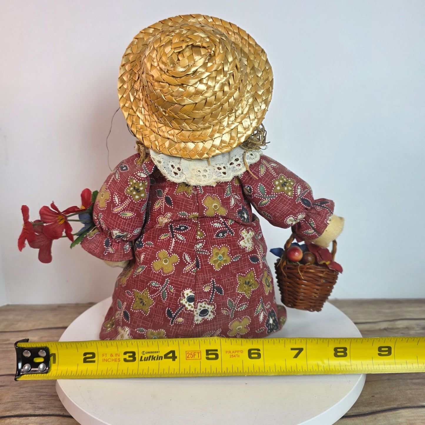 Handcrafted Grandma Rag Doll With Straw Hat & Fabric Dress Holding Basket Of Flowers
