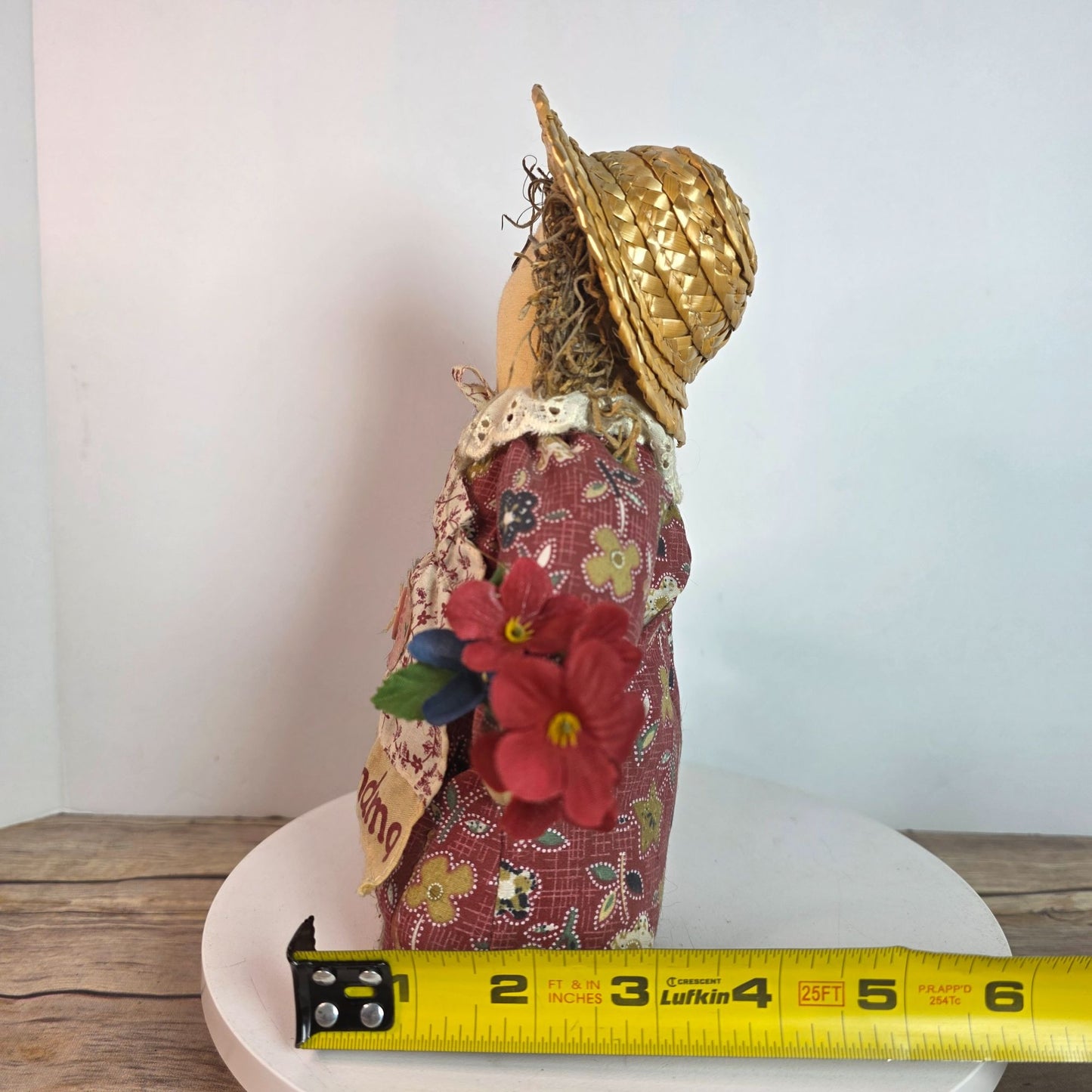 Handcrafted Grandma Rag Doll With Straw Hat & Fabric Dress Holding Basket Of Flowers