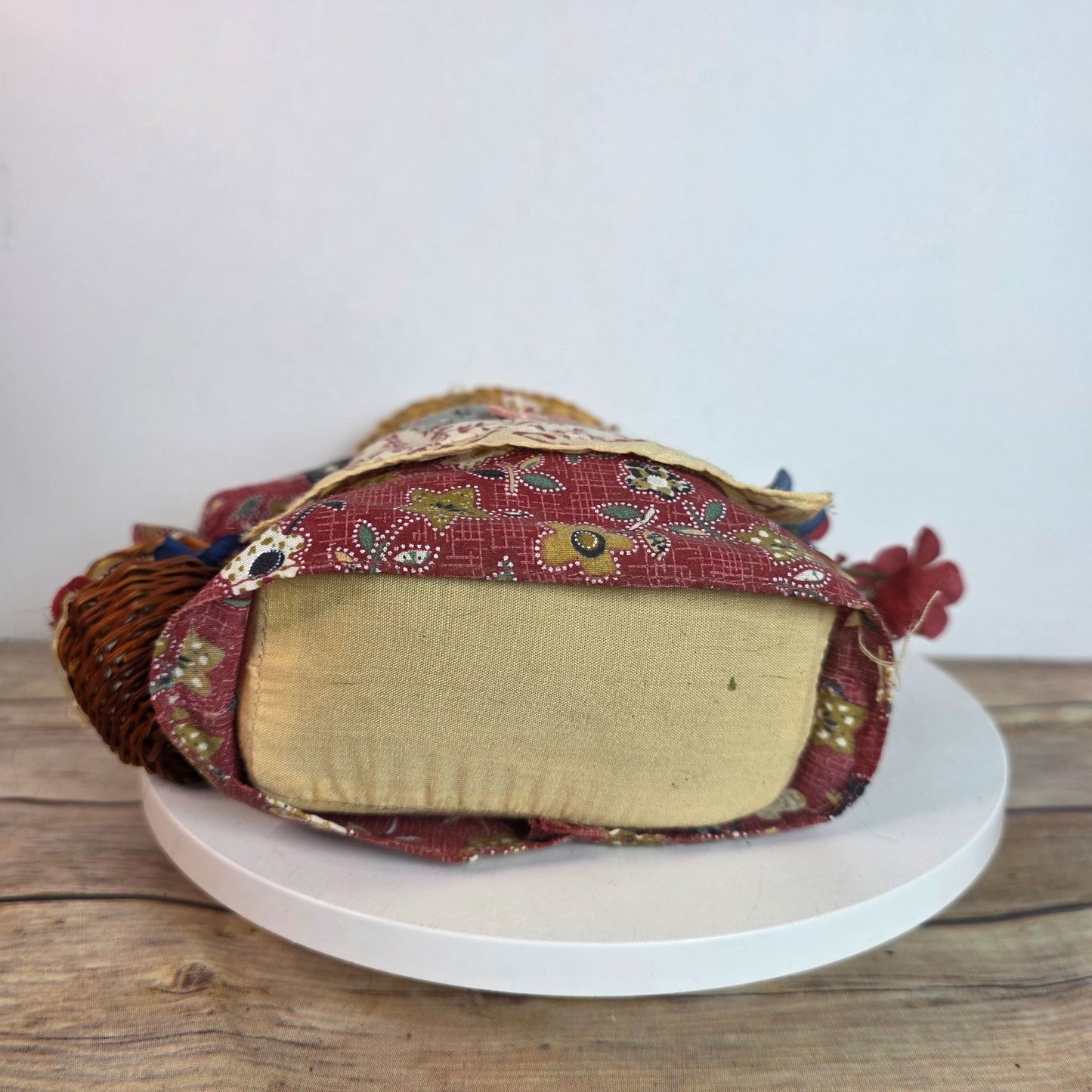 Handcrafted Grandma Rag Doll With Straw Hat & Fabric Dress Holding Basket Of Flowers