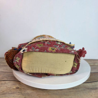 Handcrafted Grandma Rag Doll With Straw Hat & Fabric Dress Holding Basket Of Flowers