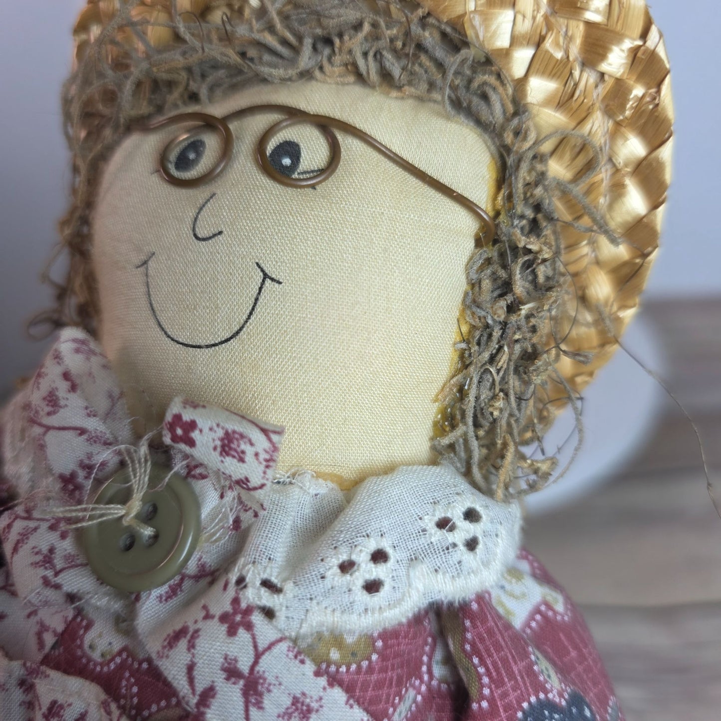 Handcrafted Grandma Rag Doll With Straw Hat & Fabric Dress Holding Basket Of Flowers