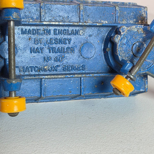 Vintage Lesney Matchbox No.40 Blue Hay Trailer With Yellow Wheels Diecast Metal Made In England Farm Toy Collectible