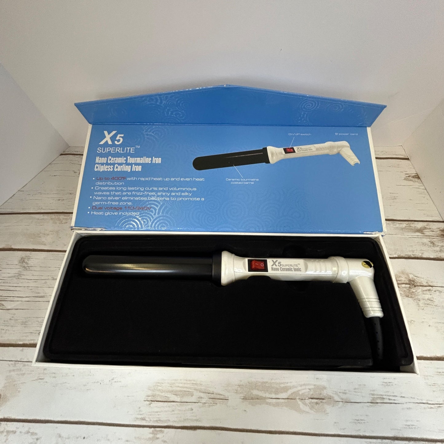 X5 Superlite Nano Ceramic Tourmaline Clipless Curling Iron 1 1/4" Barrel Professional Hair Styling Tool With Heat Glove Included