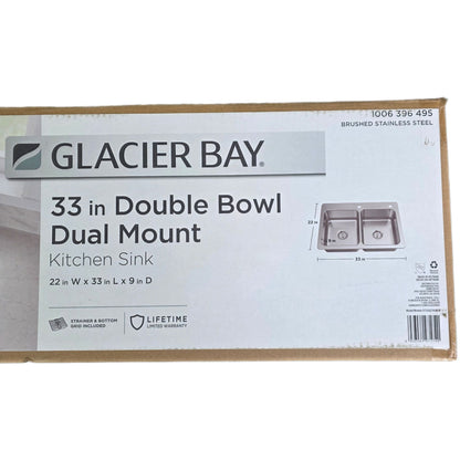 Glacier Bay 33" Double Bowl Dual Mount Kitchen Sink Brushed Stainless Steel Bratten Collection