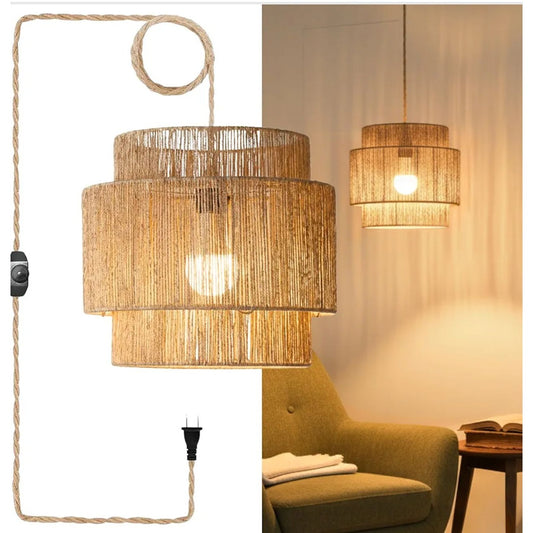 Natural Woven Rattan Pendant Light With 14.8ft Cord & Dimmer Switch  11" Diameter Boho Chic Hanging Lamp For Indoor Spaces