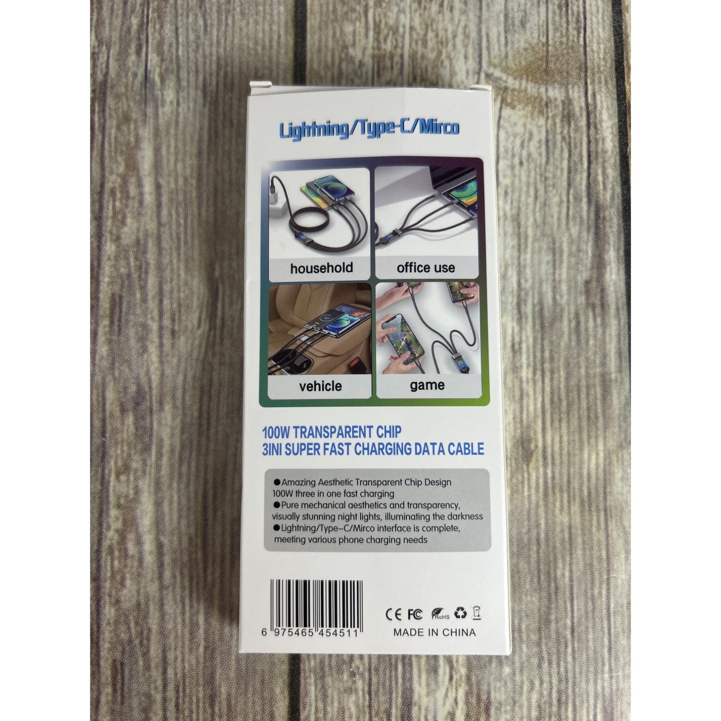 100W Super Fast Charging Cable 3 In 1 Lightning/Type-C/Micro USB With Transparent Chip Design TDA-218