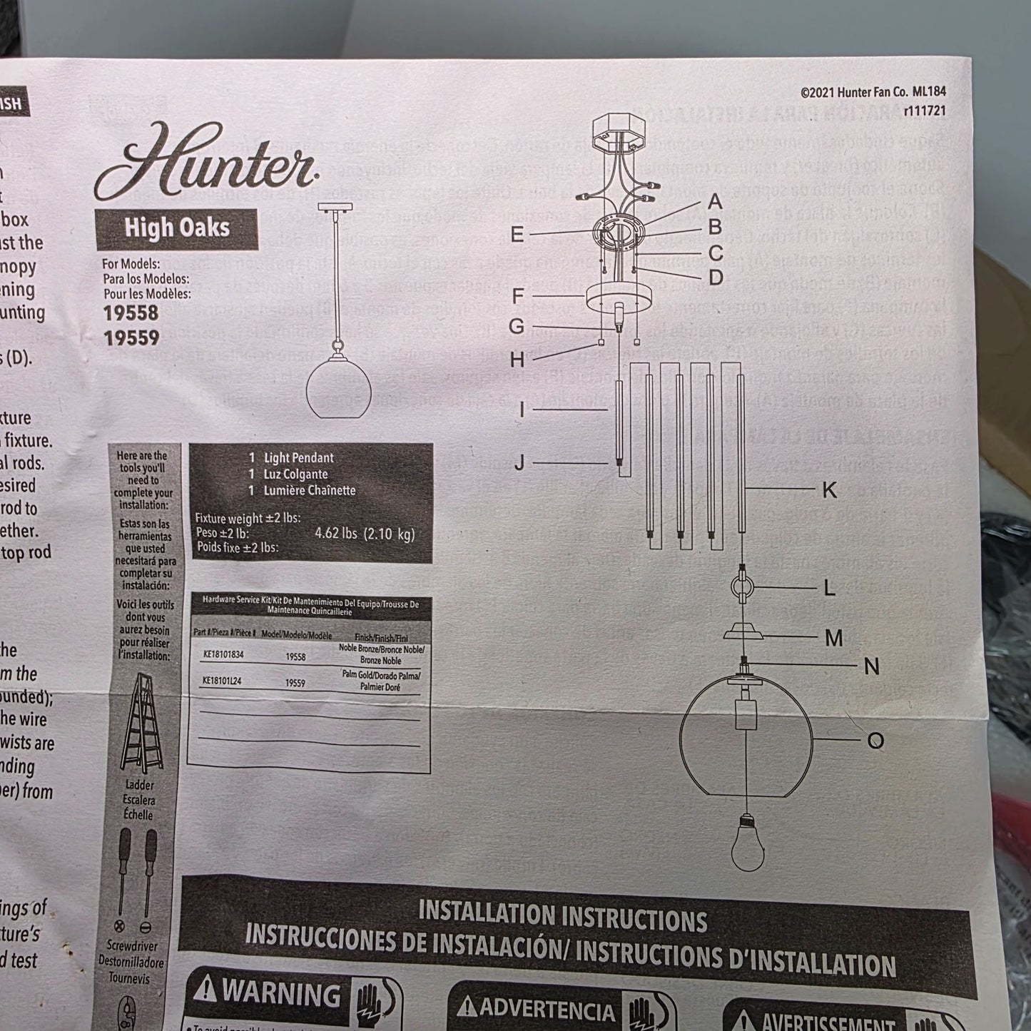 Hunter High Oaks Pendant Light Noble Bronze Finish 19558