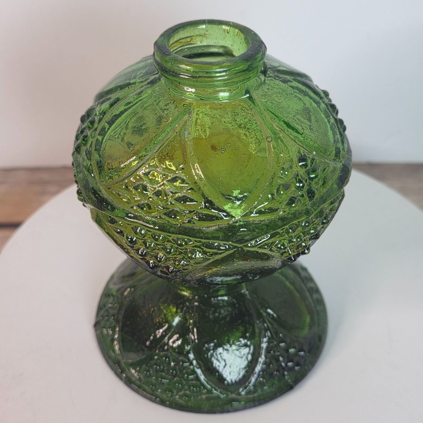 Vintage Green Glass Oil Lamp Base With Intricate Embossed Design