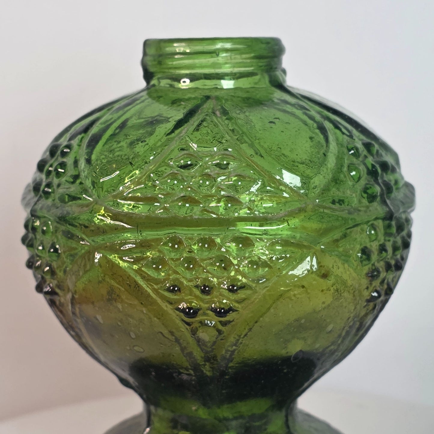 Vintage Green Glass Oil Lamp Base With Intricate Embossed Design