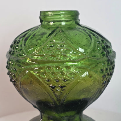 Vintage Green Glass Oil Lamp Base With Intricate Embossed Design