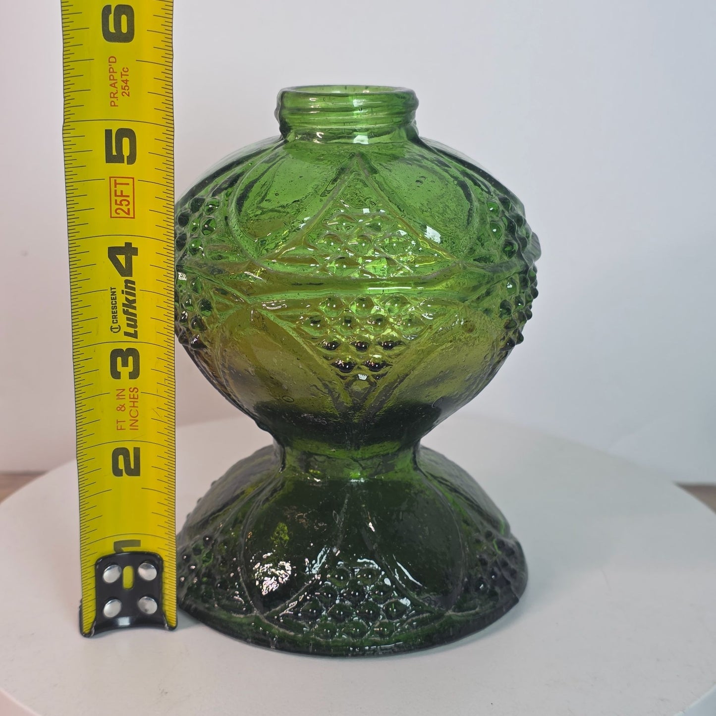 Vintage Green Glass Oil Lamp Base With Intricate Embossed Design