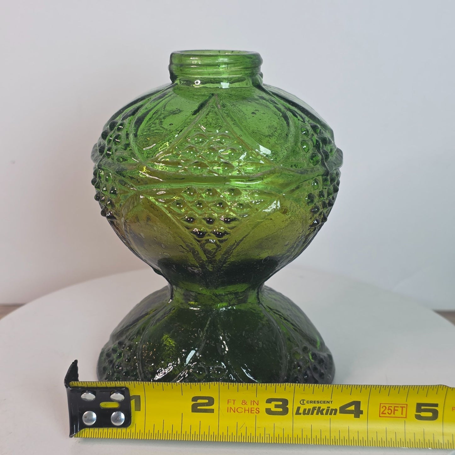 Vintage Green Glass Oil Lamp Base With Intricate Embossed Design