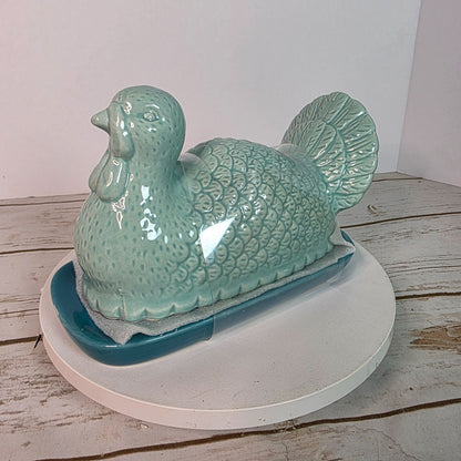 Ceramic Turkey Butter Dish With Lid - 7.5" Long X 4" Wide X 5" High - Aqua Blue