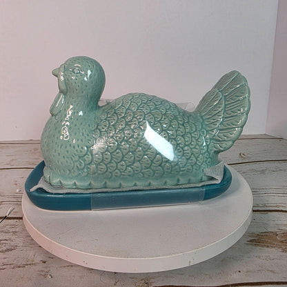 Ceramic Turkey Butter Dish With Lid - 7.5" Long X 4" Wide X 5" High - Aqua Blue