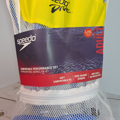 Speedo Adult Comfortable Performance Snorkeling Set With Hydroscope Mask Snorkel & Fins Anti-Fog UV Protection L/XL