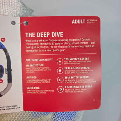 Speedo Adult Comfortable Performance Snorkeling Set With Hydroscope Mask Snorkel & Fins Anti-Fog UV Protection L/XL