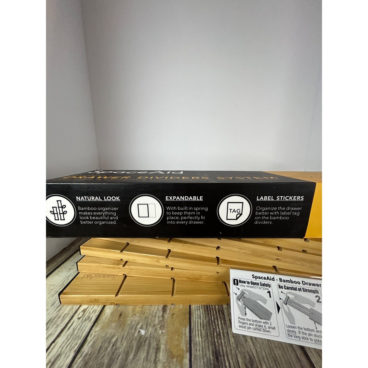 SpaceAid Bamboo Drawer Dividers System Adjustable Organizer 6 Dividers & 12 Inserts With Label Stickers