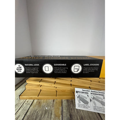 SpaceAid Bamboo Drawer Dividers System Adjustable Organizer 6 Dividers & 12 Inserts With Label Stickers