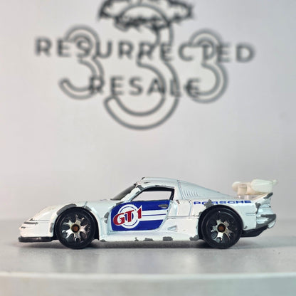 Matchbox Porsche 911 GT1 1998 Casting 2002 50th Anniv White Blue Hood Logo Loose
