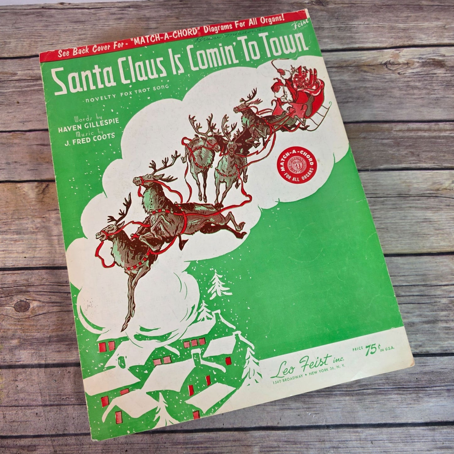 Vintage 1950s "Santa Claus Is Comin To Town" Sheet Music For Organ