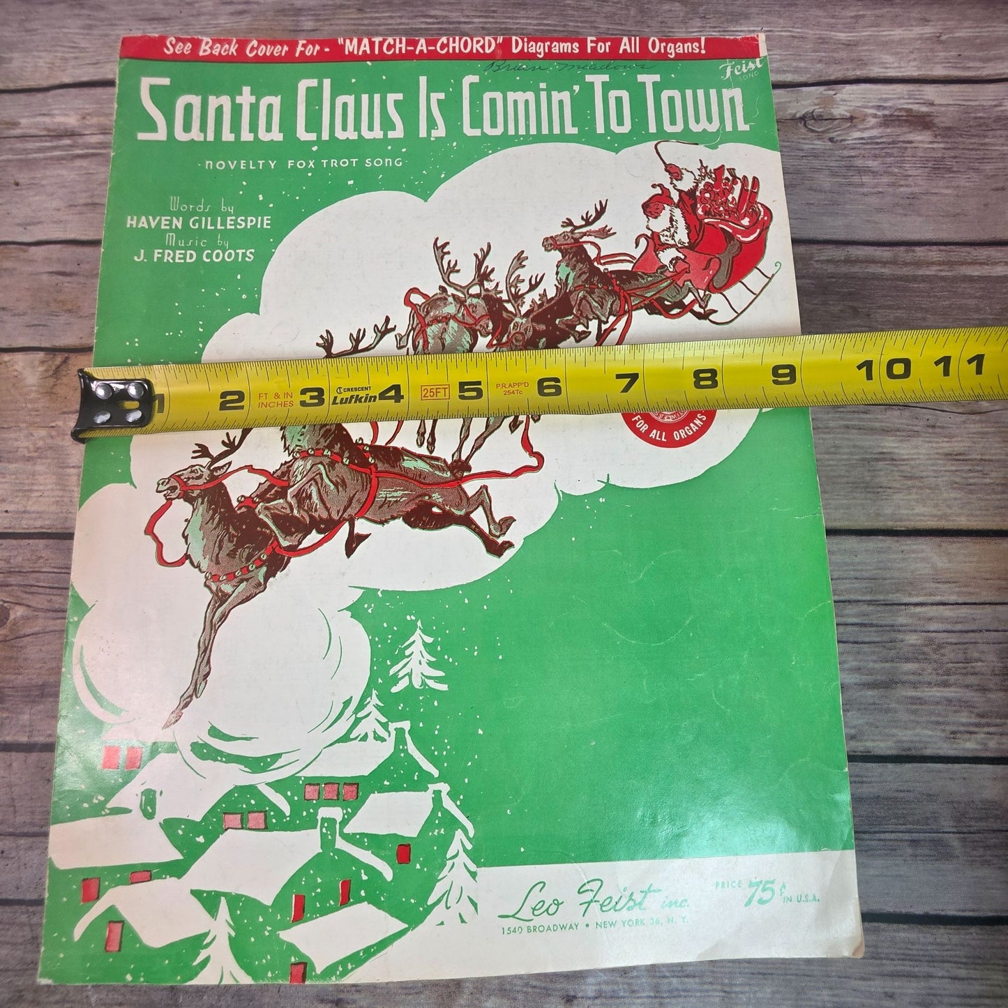 Vintage 1950s "Santa Claus Is Comin To Town" Sheet Music For Organ