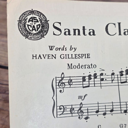 Vintage 1950s "Santa Claus Is Comin To Town" Sheet Music For Organ
