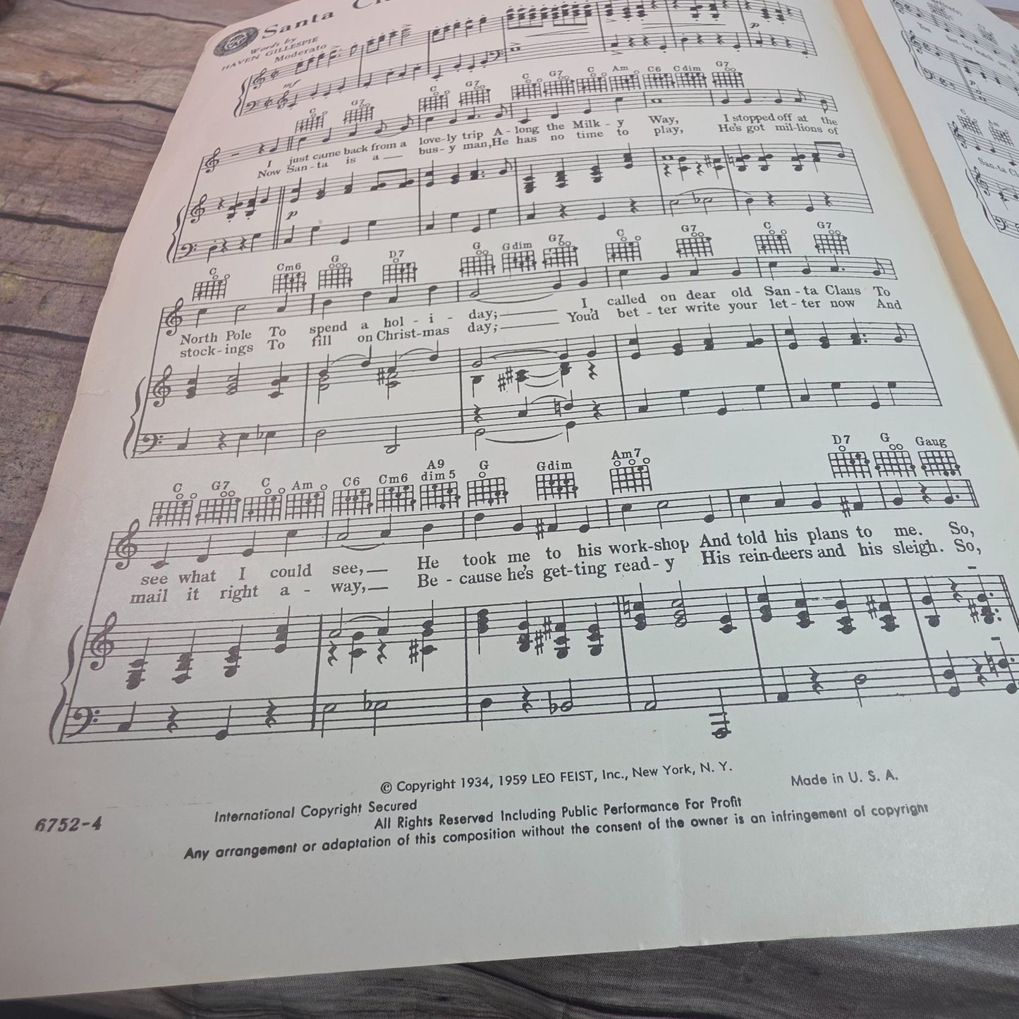 Vintage 1950s "Santa Claus Is Comin To Town" Sheet Music For Organ