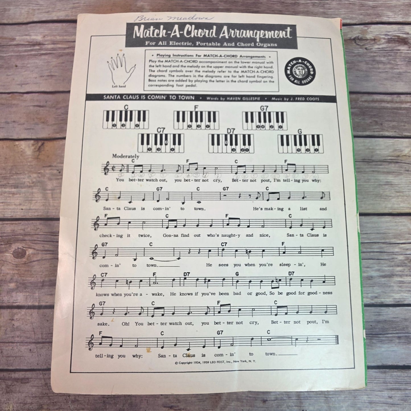 Vintage 1950s "Santa Claus Is Comin To Town" Sheet Music For Organ
