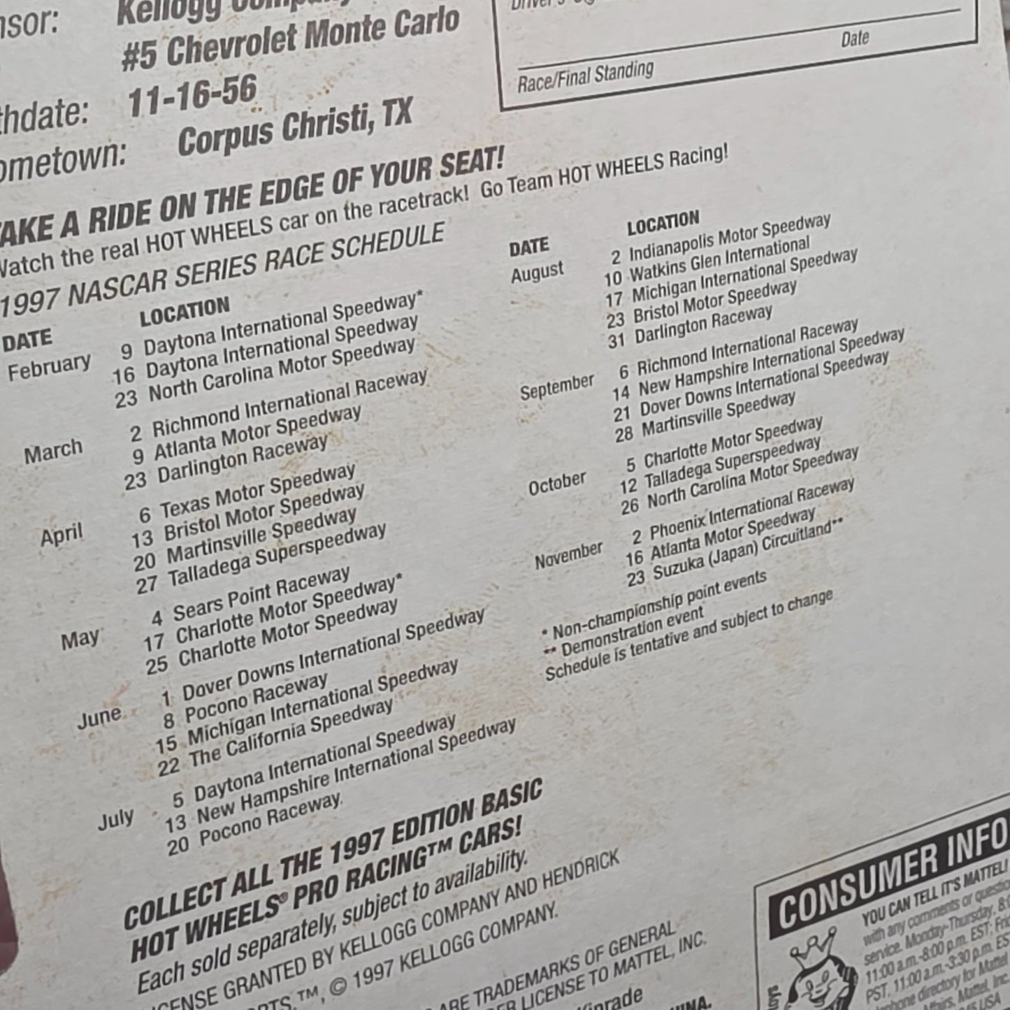 Hot Wheels 1997 Edition Team Pro Racing Die-Cast Terry Labonte Car