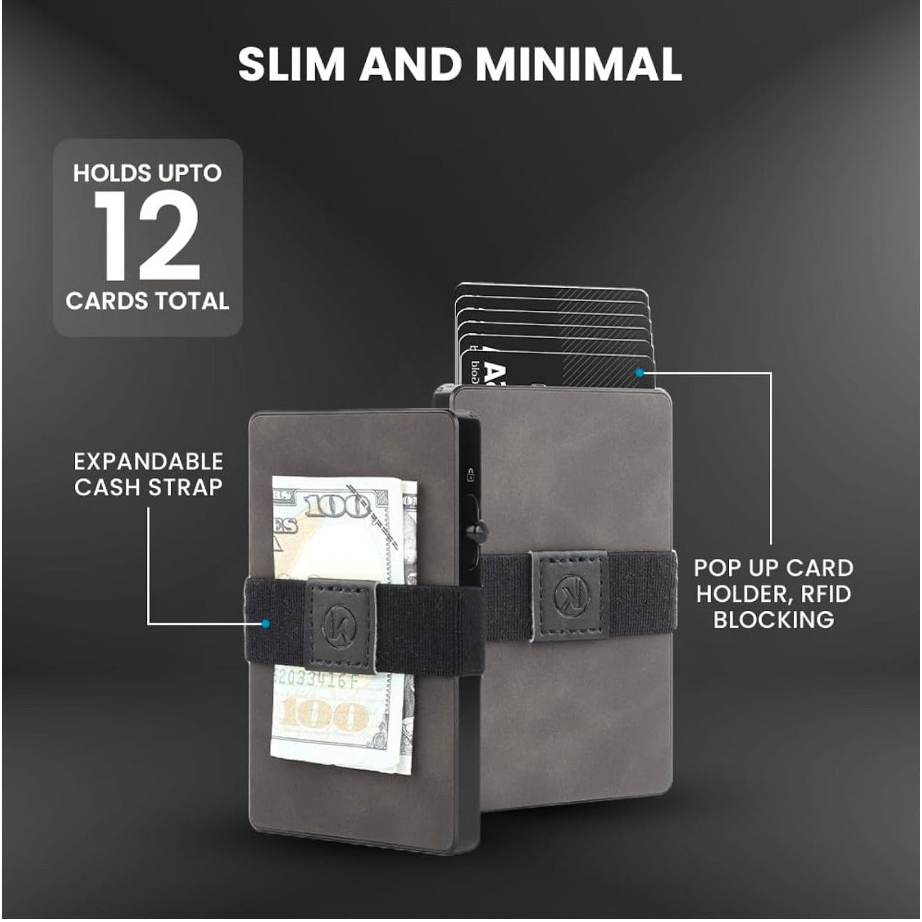Kekari Slim Minimalist Pop Up Card Holder Wallet  RFID Blocking  Holds Up To 6 Cards  Expandable Cash Strap  Aluminum & Leather