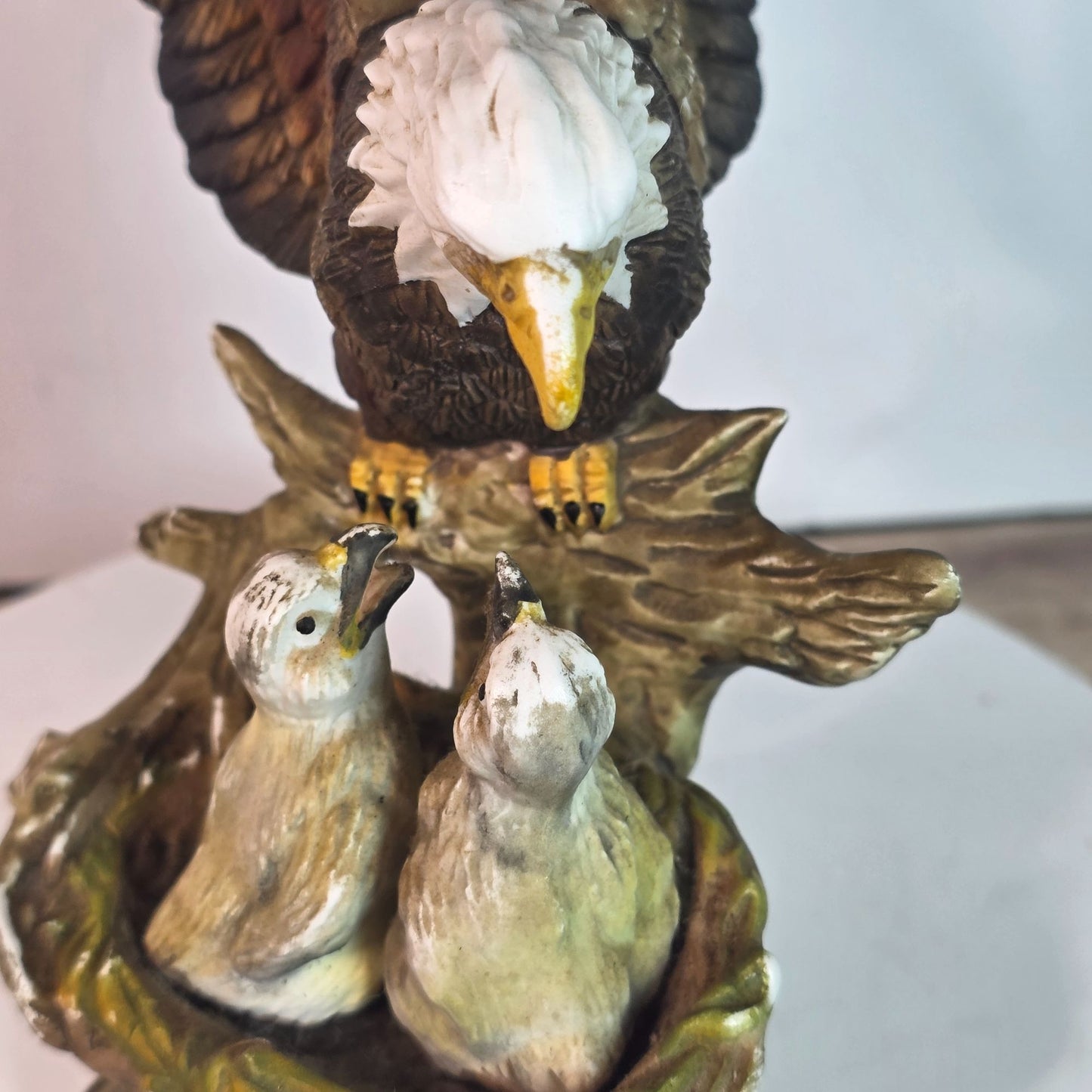 Vintage Bald Eagle & Chicks Figurine In Resin With Chips & Repairs