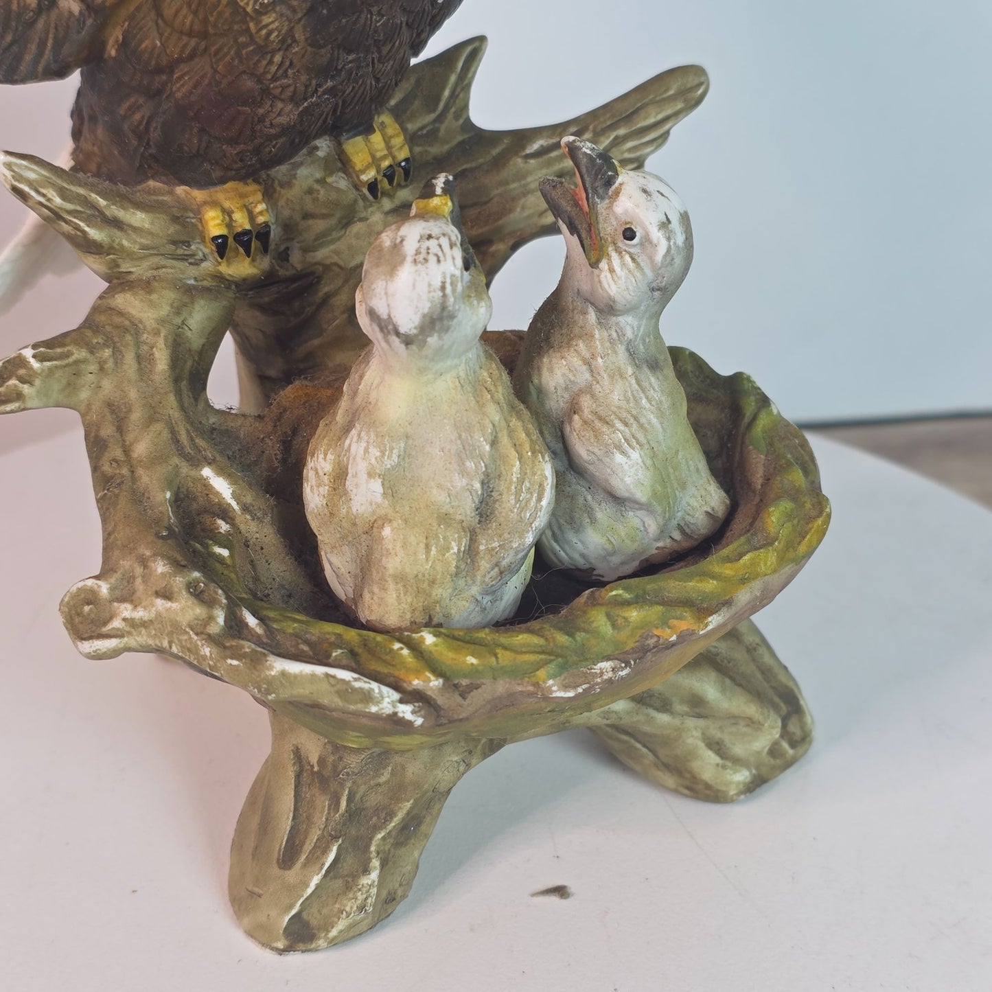 Vintage Bald Eagle & Chicks Figurine In Resin With Chips & Repairs