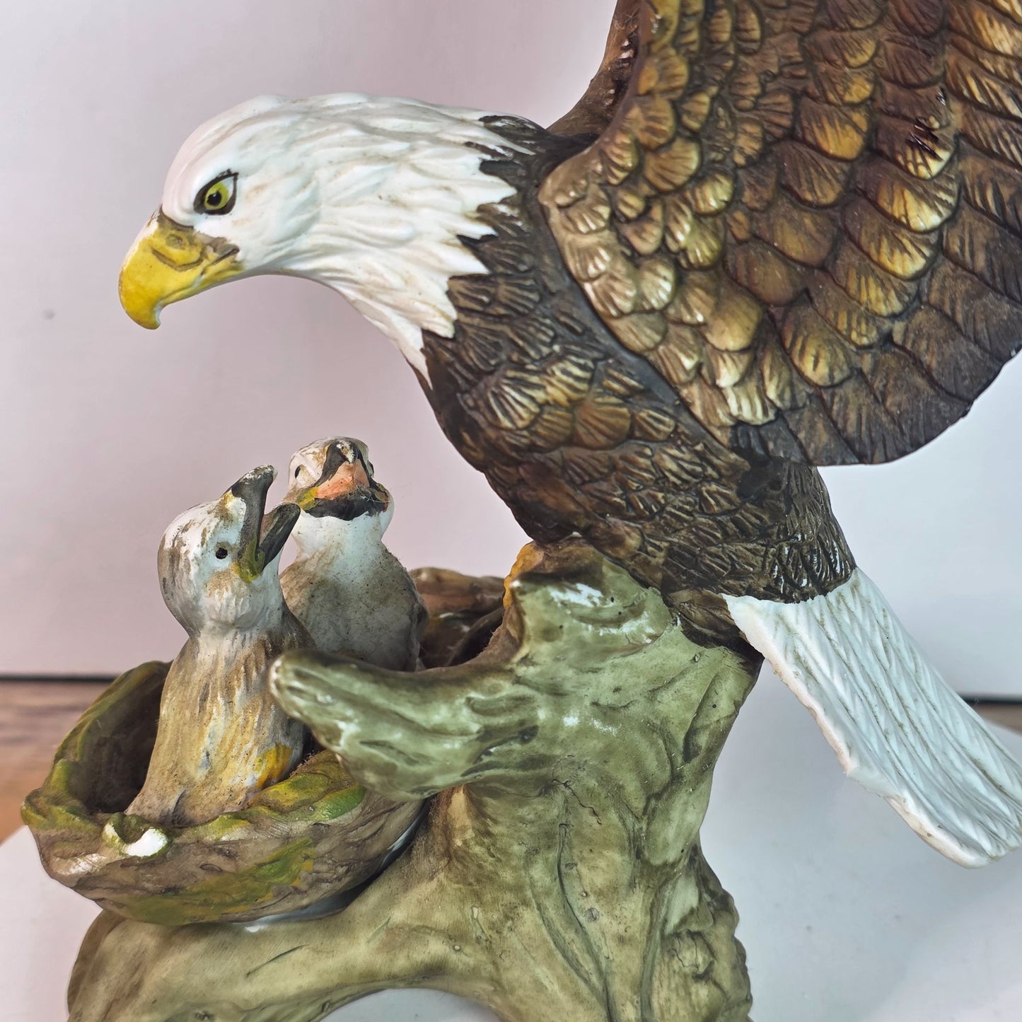 Vintage Bald Eagle & Chicks Figurine In Resin With Chips & Repairs