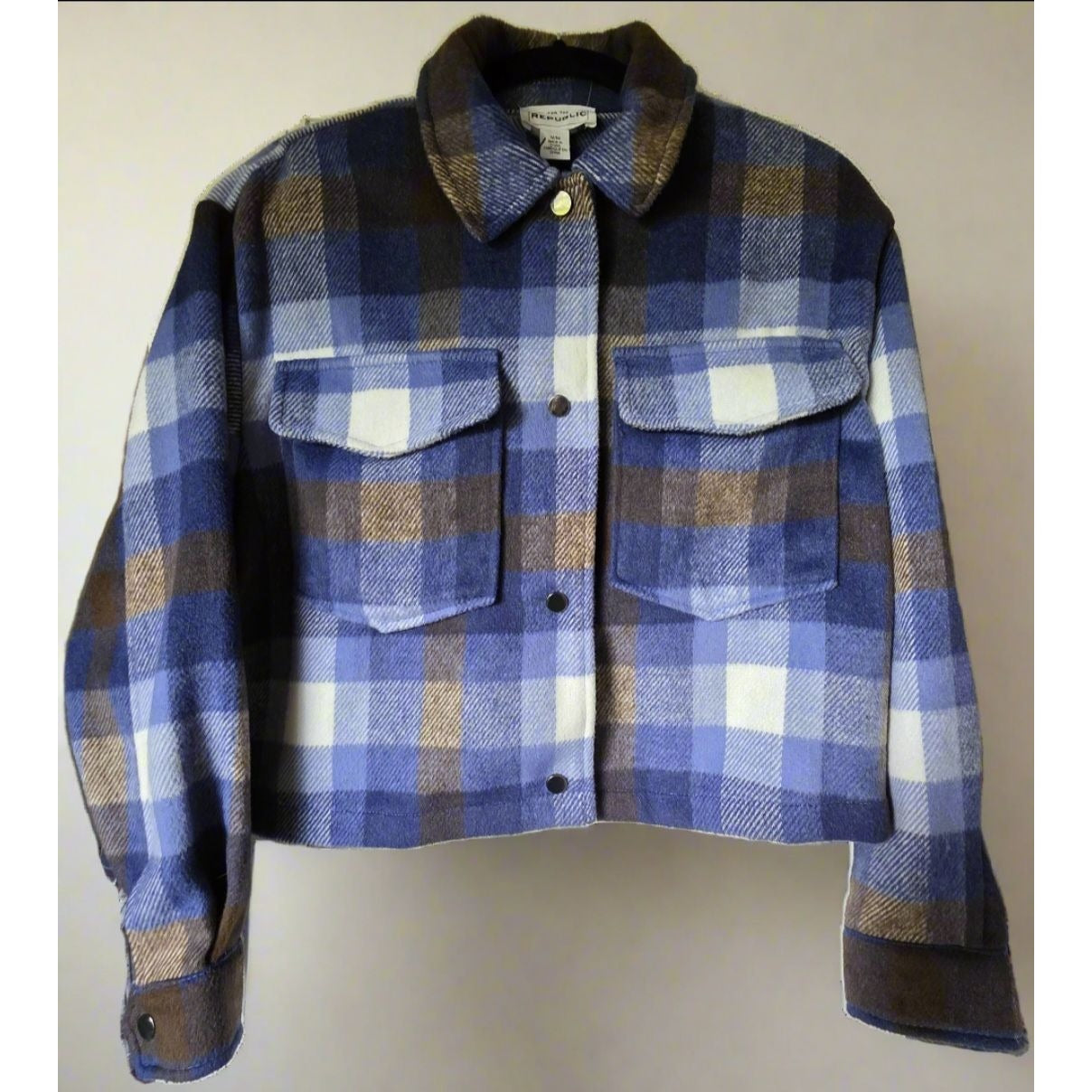 For The Republic Plaid Button-Down Cropped Jacket M/M Blue/Brown Multi Polyester