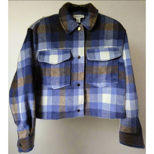 For The Republic Plaid Button-Down Cropped Jacket M/M Blue/Brown Multi Polyester