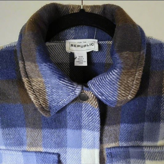 For The Republic Plaid Button-Down Cropped Jacket M/M Blue/Brown Multi Polyester