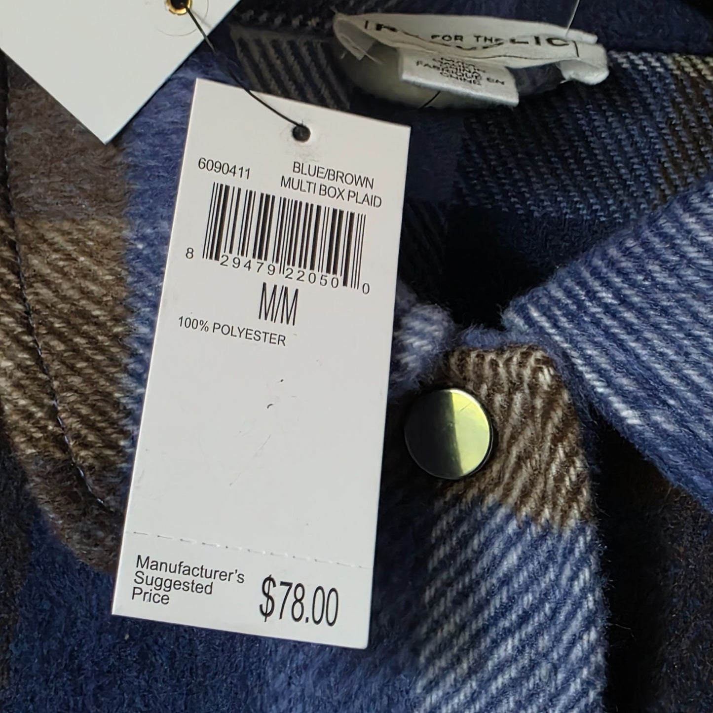 For The Republic Plaid Button-Down Cropped Jacket M/M Blue/Brown Multi Polyester