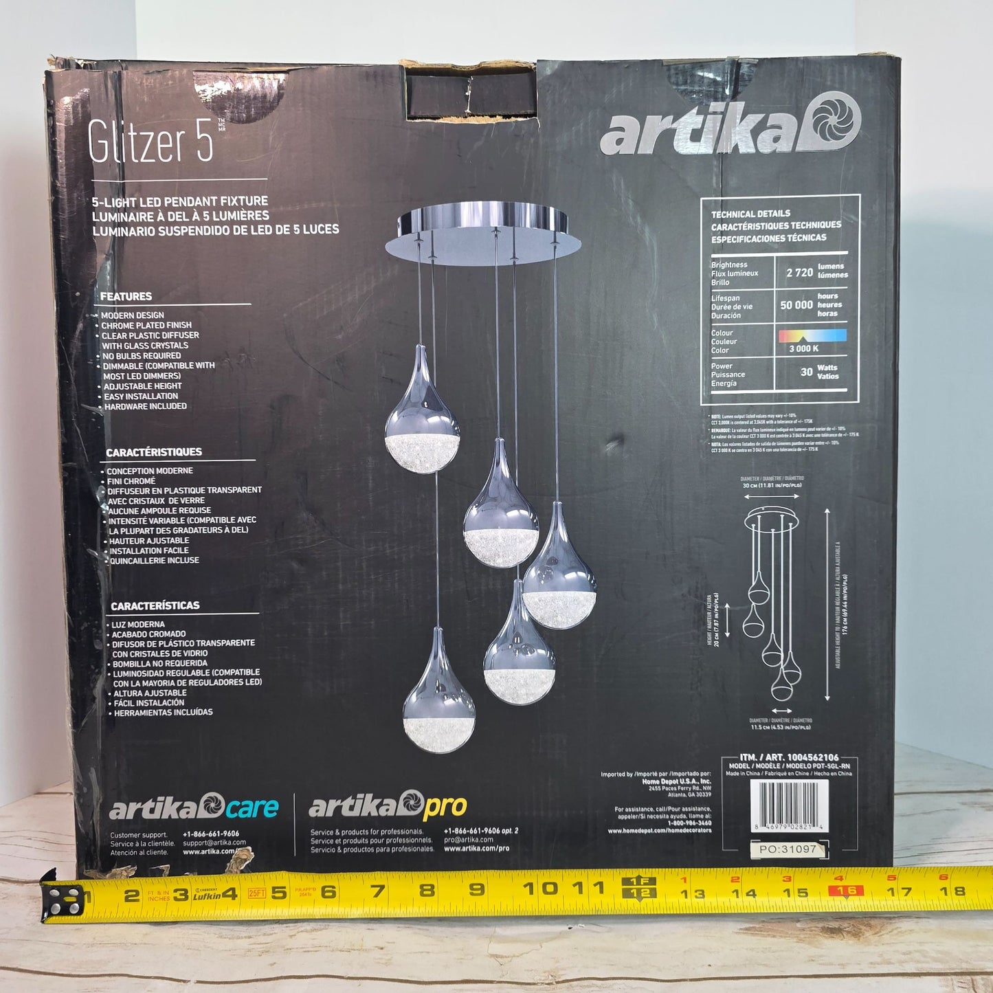 Artika Glitzer 5-Light LED Pendant Fixture With Chrome Plated Finish & Glass Crystals