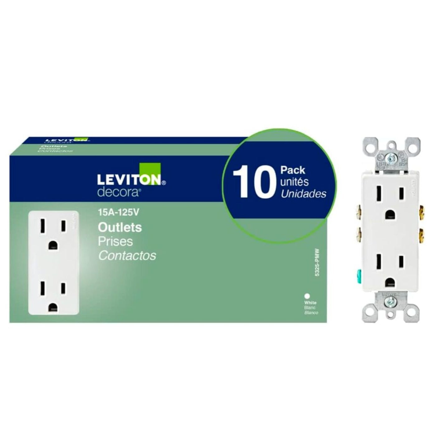 Leviton Decora 15A-125V Duplex Outlets 10 Pack White Indoor Use Made In USA