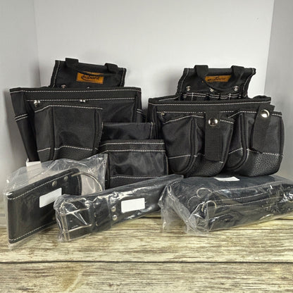 NEW AUPOFIT 7-PIECE PROFESSIONAL TOOL BELT SET WITH SUSPENDERS & 32 POCKETS - BLACK HEAVY DUTY CONSTRUCTION POUCH