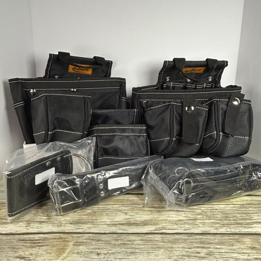 NEW AUPOFIT 7-PIECE PROFESSIONAL TOOL BELT SET WITH SUSPENDERS & 32 POCKETS - BLACK HEAVY DUTY CONSTRUCTION POUCH