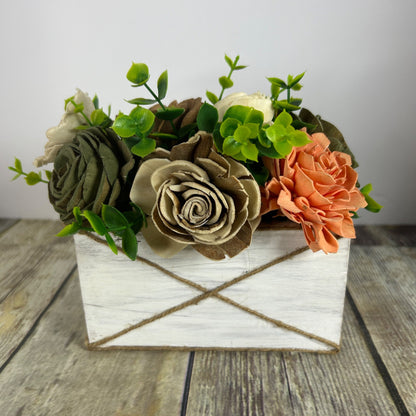 Rustic Sola Wood Flower Arrangement In White Wooden Box