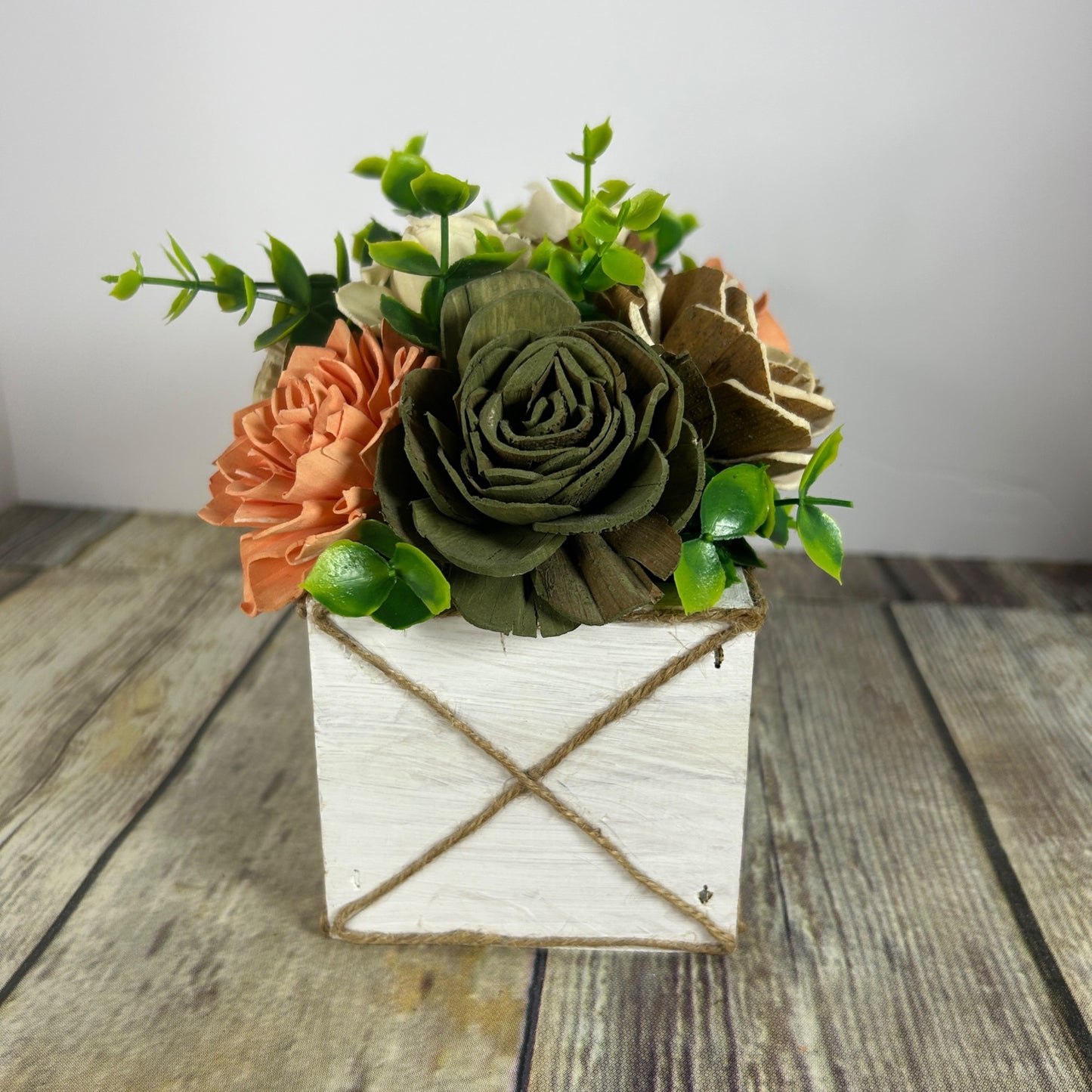 Rustic Sola Wood Flower Arrangement In White Wooden Box