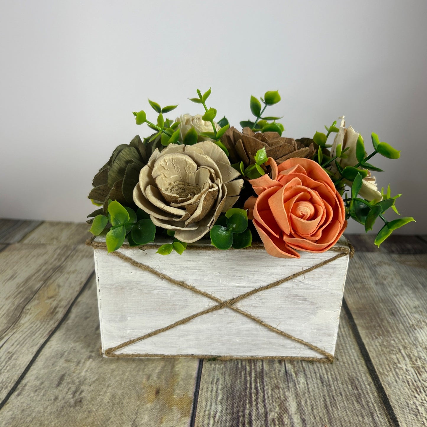 Rustic Sola Wood Flower Arrangement In White Wooden Box